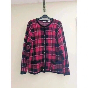 Vintage Women's Christmas Holiday Button Down Plaid Check Red Cardigan